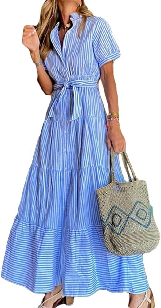 Womens Maxi Shirt Dress Casual Puffy Short Sleeve Tiered Striped Maxi Dress V Neck Button Down Be... | Amazon (US)