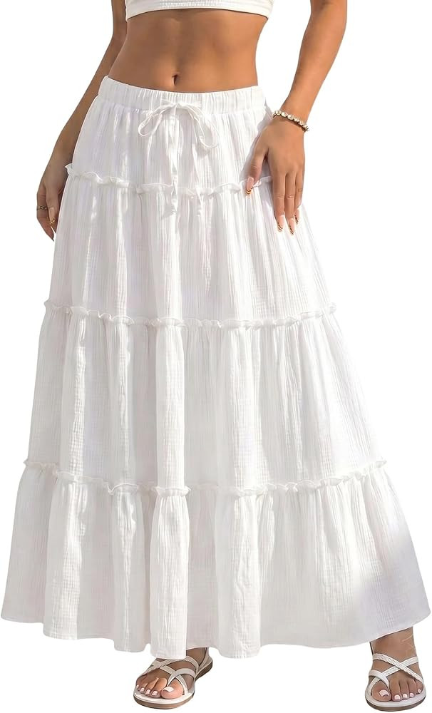 DERAX Womens Boho Maxi Skirt Flowy Ruffle Tiered Elastic High Waisted A Line 2026 Spring Summer B... | Amazon (US)