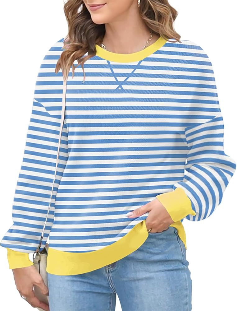 Womens Oversized Striped Sweaters Color Block Long Sleeve Crew Neck Sweater Casual Loose Pullover... | Amazon (US)