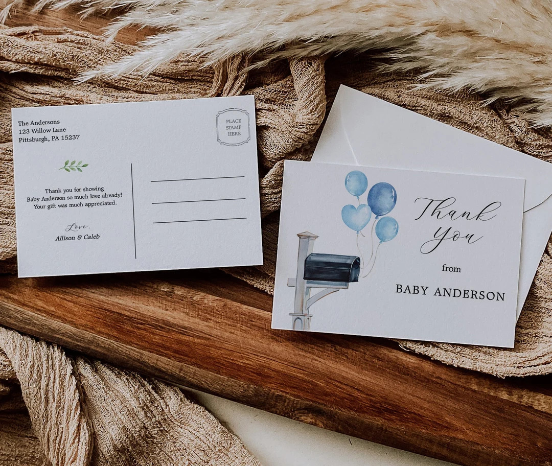 Baby Shower by Mail Blue Balloons Thank You Postcard, Printable Template, Instant Download, Boy B... | Etsy (US)