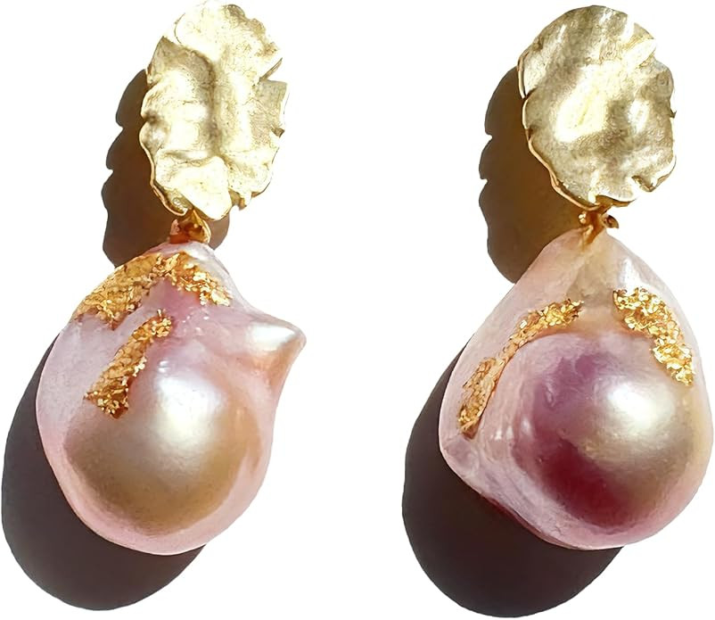Drop Dangle Earrings Freshwater Cultured Baroque Pearls in White and Pink|18K Gold Plated| Sterli... | Amazon (US)