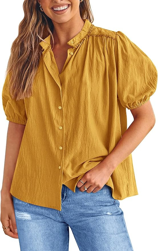 PRETTYGARDEN Women's 2026 Summer Button Down Shirts Short Lantern Sleeve V Neck Cotton Cute Tops ... | Amazon (US)