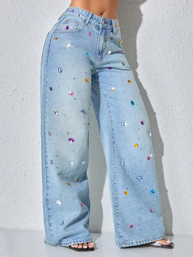 Pearl Decor Low Waist Wide Leg Casual Blue Jeans With Slant Pockets For Women Spring | SHEIN