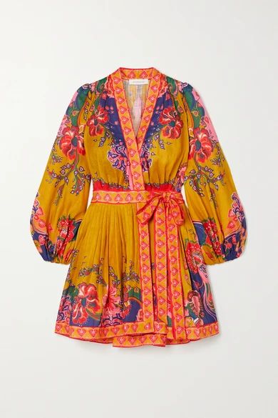 Zimmermann - The Lovestruck Printed Linen Wrap Mini Dress - Mustard | NET-A-PORTER (US)