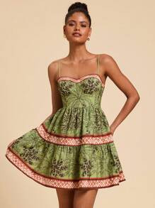 Travachic Woven Printed Spaghetti Strap Women Mini Dress,Suitable For Holiday Date, Afternoon Tea... | SHEIN