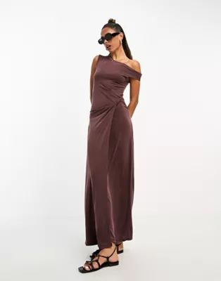 ASOS DESIGN soft touch twist front maxi dress with sarong detail in chocolate | ASOS (Global)