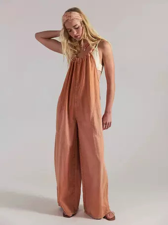 Overall Back Tie Sling Wide Leg Overalls Loose Fit Cotton Vacation Jumpsuit With Pockets | Milanoo