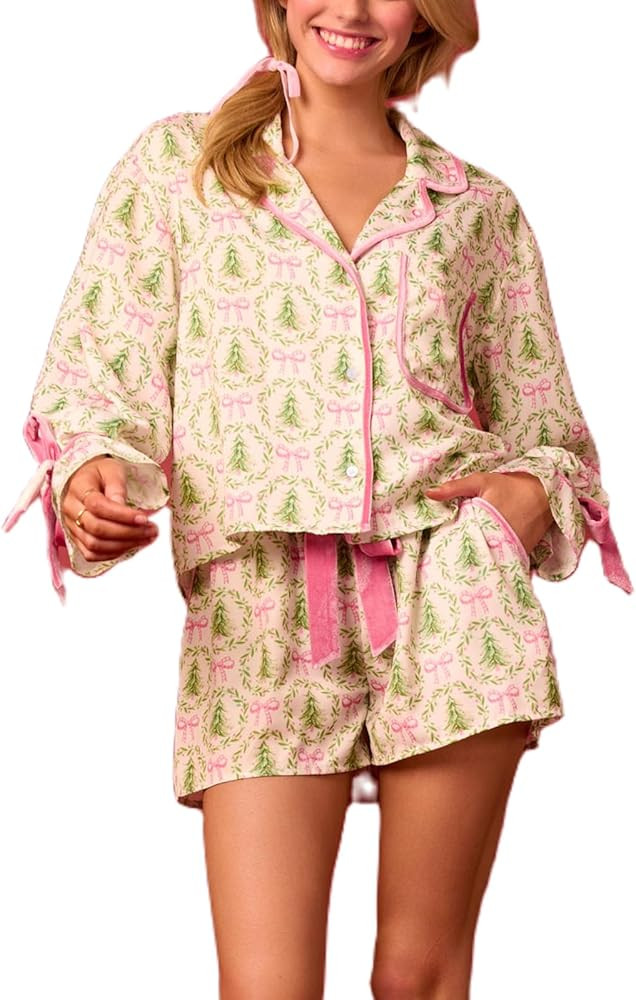 Amiblvowa Women Christmas Pajamas Set 2 Piece Button Dow Bow Tie Ruffle Long Sleeve Shirt Pjs Sho... | Amazon (US)