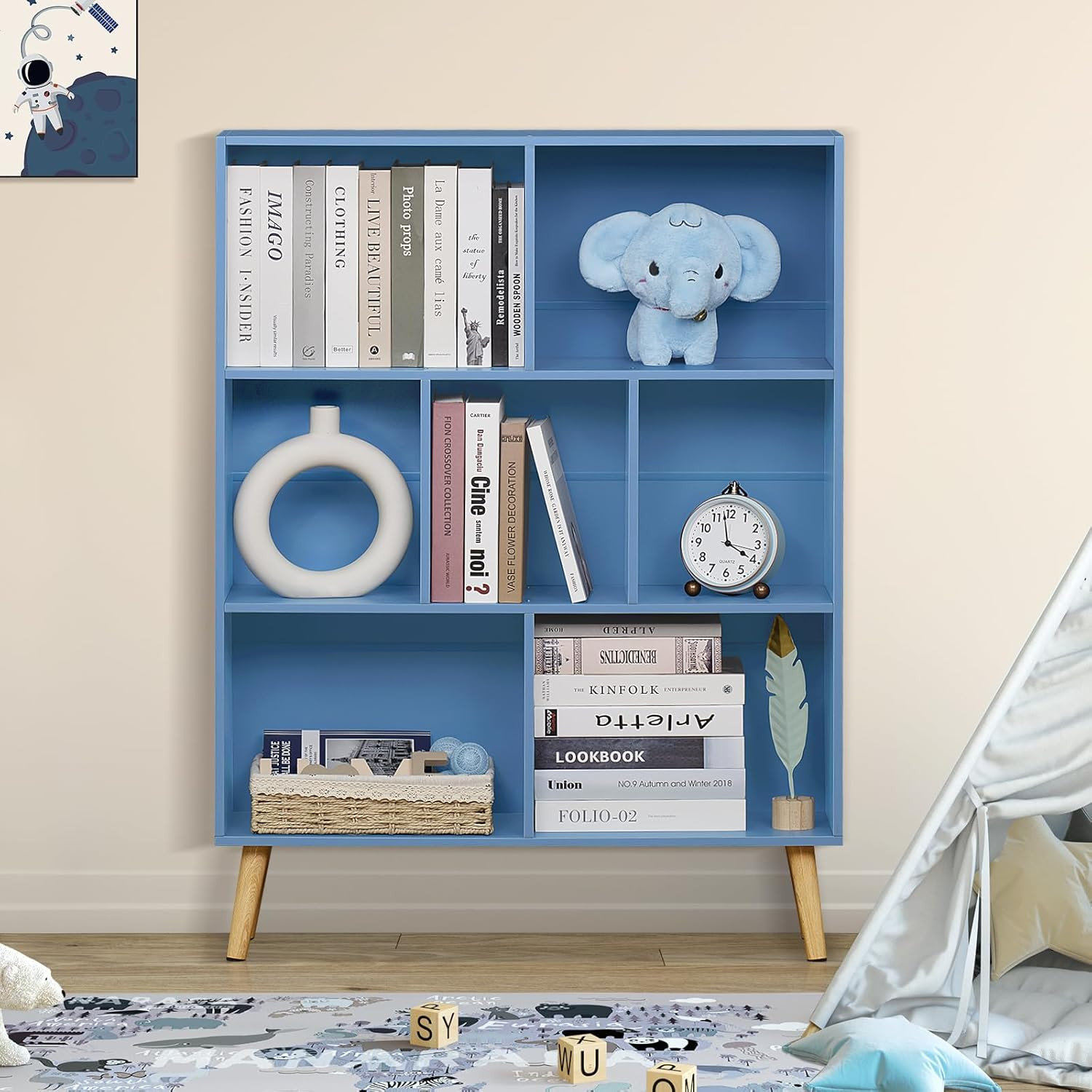 YAHARBO 7 Cube Bookshelf, Blue Kids Book Shelf with Cubby Storage,Wooden Modern Bookcase with Leg... | Amazon (US)