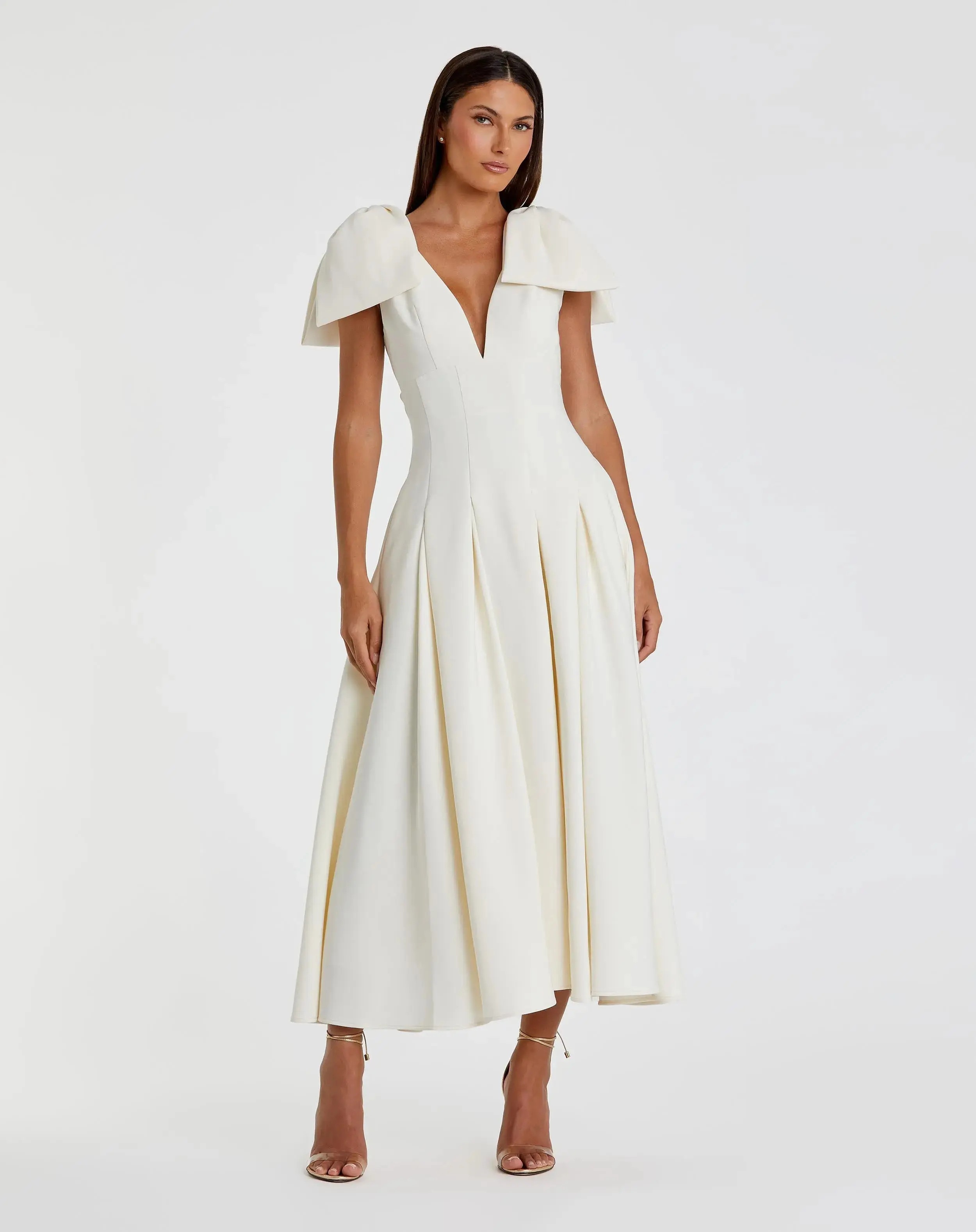 Ivory Crepe A Line Midi Dress With Bow Straps | Mac Duggal | Mac Duggal