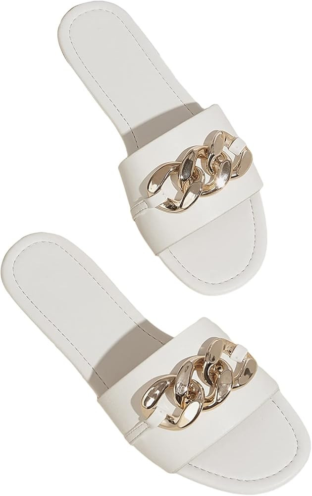 GORGLITTER Women's Flat Sandals Fashion Slides With Soft Leather Metallic Chain Slippers for Summ... | Amazon (US)