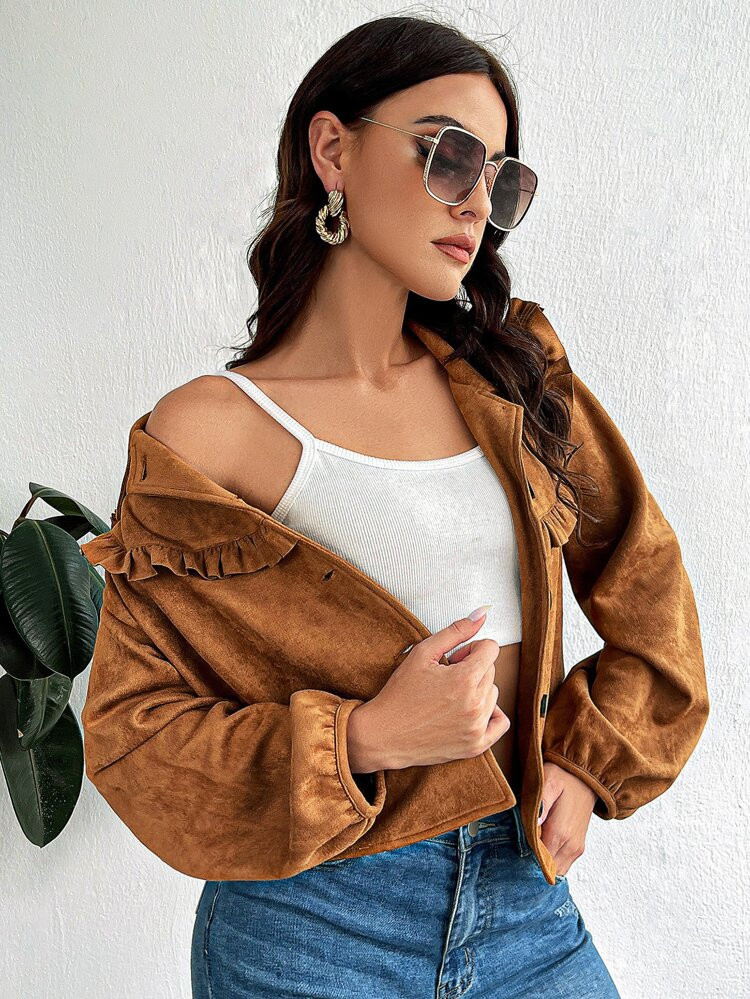 SHEIN Frill Trim Lantern Sleeve Suedette Jacket | SHEIN