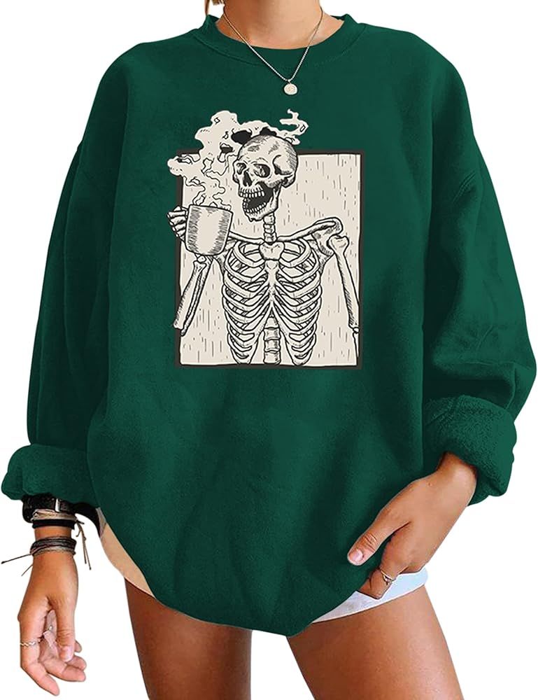 Meladyan Halloween Skull Graphic Print Fleece Oversized Sweatshirt Crewneck Long Sleeve Drop Shoulde | Amazon (US)