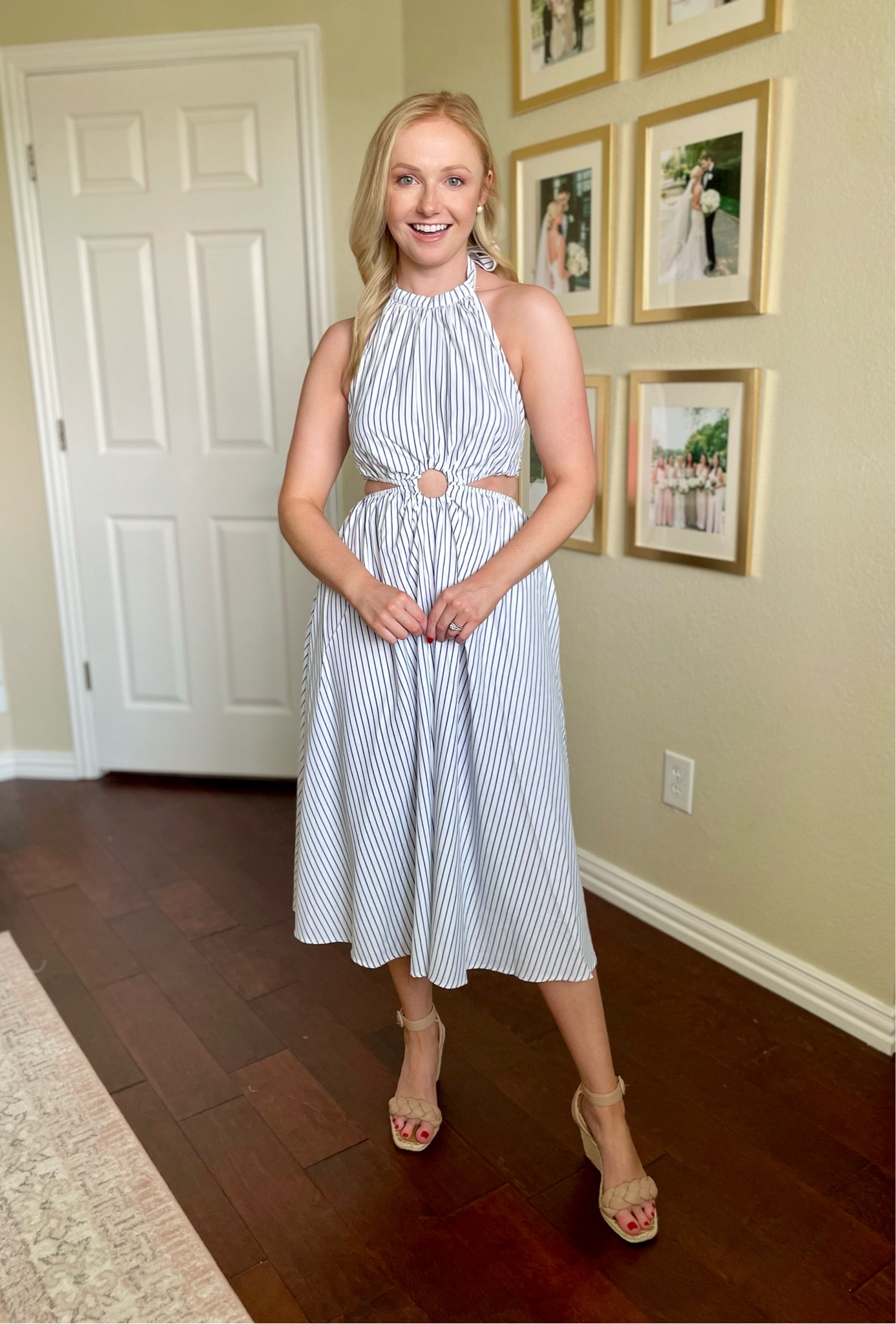 Wearing a small | blue and white dress, seersucker dress, midi dress, vacation dress, halter dress, summer dress, coastal style, preppy style 

#LTKFind #LTKstyletip #LTKSeasonal