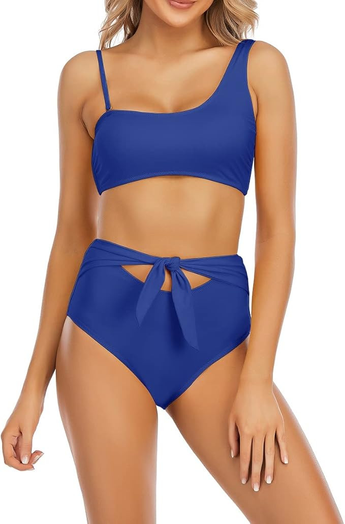 ATHMILE Women's One Shoulder High Waist Tie Front Bikini Set Adjustable Strap Two Piece Swimsuits... | Amazon (US)