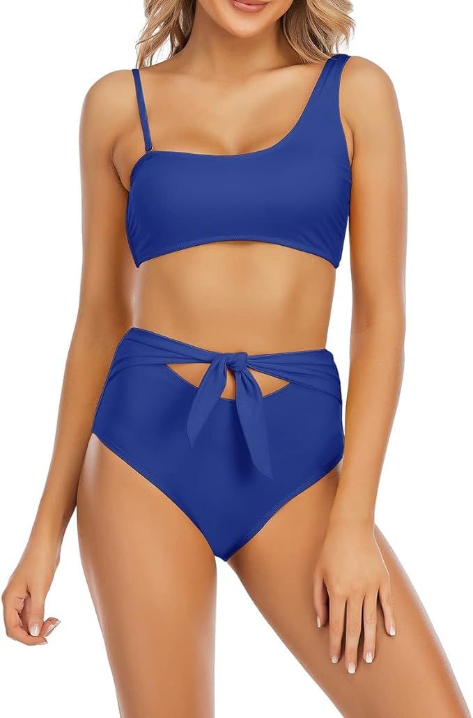 ATHMILE Women's One Shoulder High Waist Tie Front Bikini Set Adjustable Strap Two Piece Swimsuits... | Amazon (US)