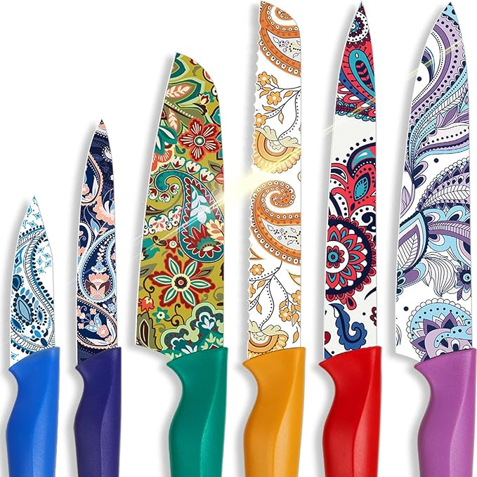 Astercook Paisley Pattern Knife Set with Cover, Dishwasher Safe Colorful Knives with 6 Knife Shea... | Amazon (US)