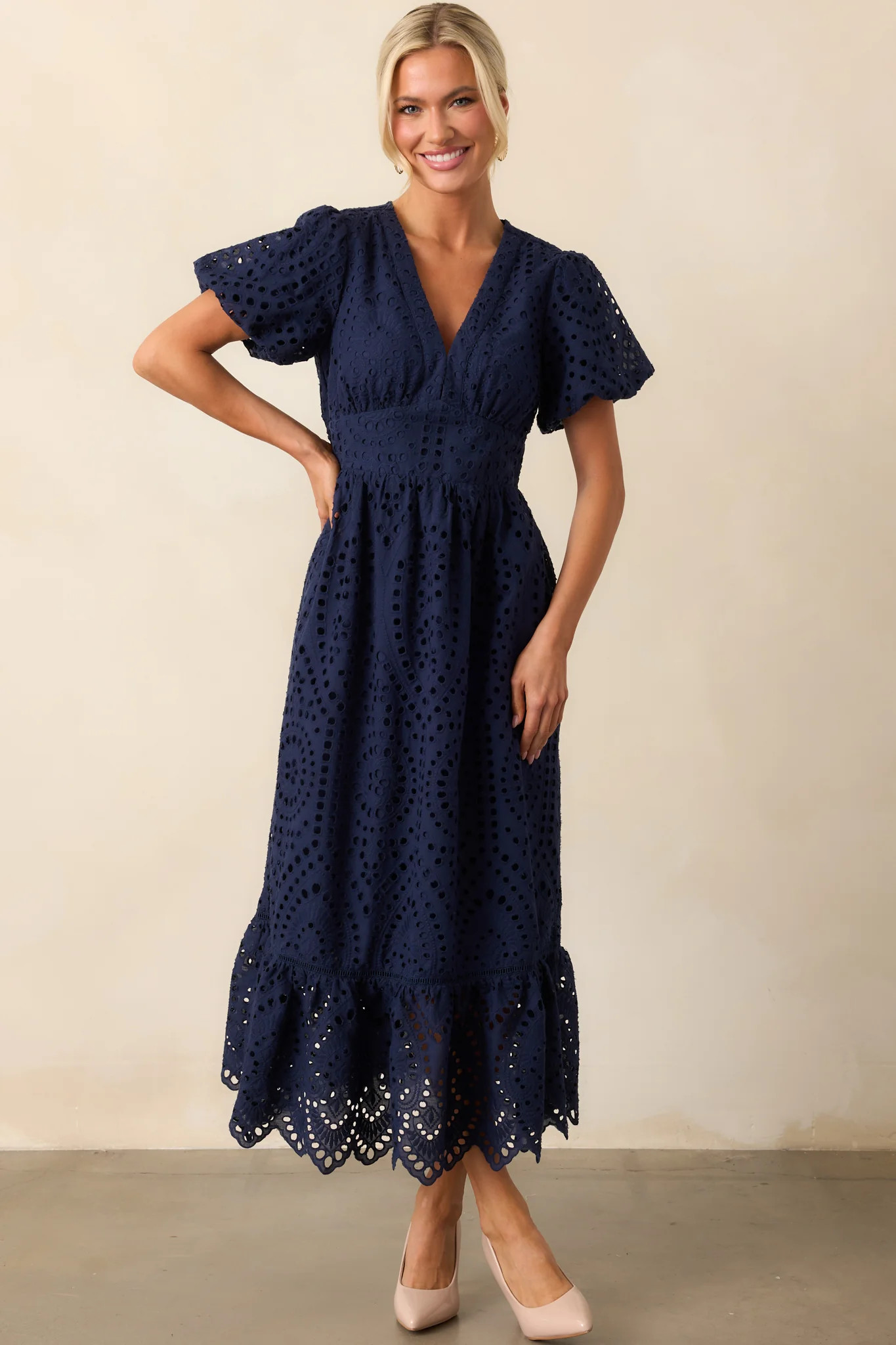 Enchanting Moments Navy Cotton Embroidered Eyelet Maxi Dress | Red Dress
