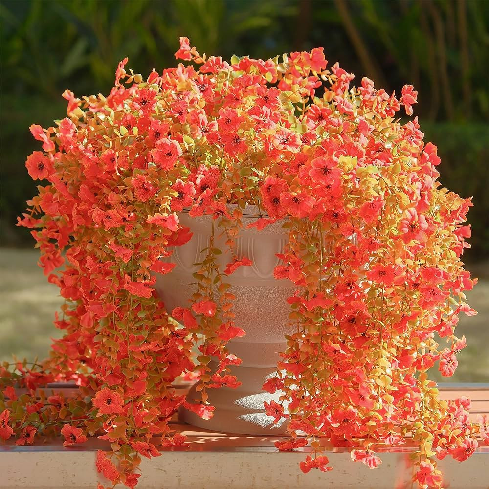 12 Pcs Artificial Hanging Mums Flowers Outdoor, Orange UV Resistant Fake Hanging Fall Plants for ... | Amazon (US)