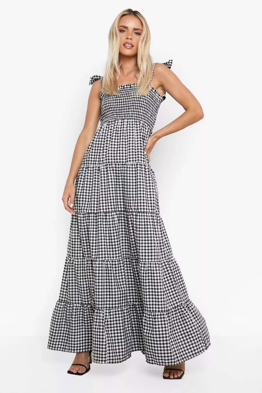 Petite Gingham Pom Pom Shoulder Maxi Dress | Boohoo.com (US & CA)