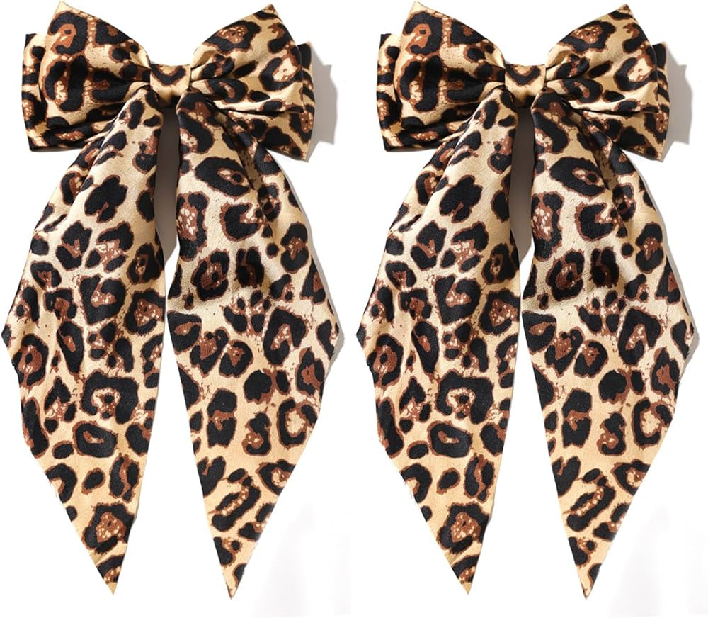 Furling Pompoms Hair Bows for Women Big Bow Hair Clips for Girls Long tail Hair Ribbon Satin Leop... | Amazon (US)