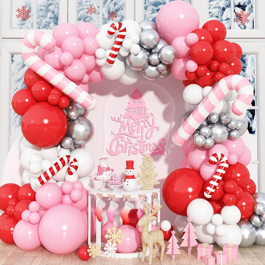 Pink Christmas Balloon Garland Arch Kit, 147PCS Red Pink White Silver Balloons Cane Foil Balloons... | Amazon (US)