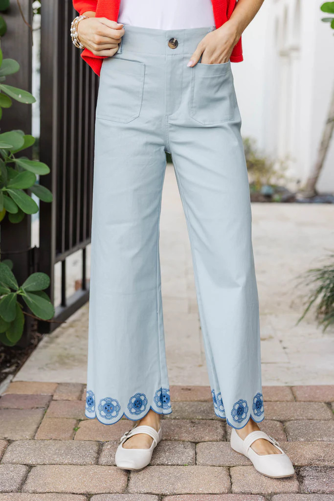 The Blossom & Grace Blue Embroidered Pants | The Mint Julep Boutique