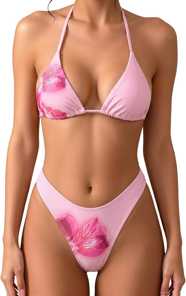 MakeMeChic Women's Polka Dots Triangle Thong Bikini Sets Floral Cute Bathing Suit Swimsuits | Amazon (US)