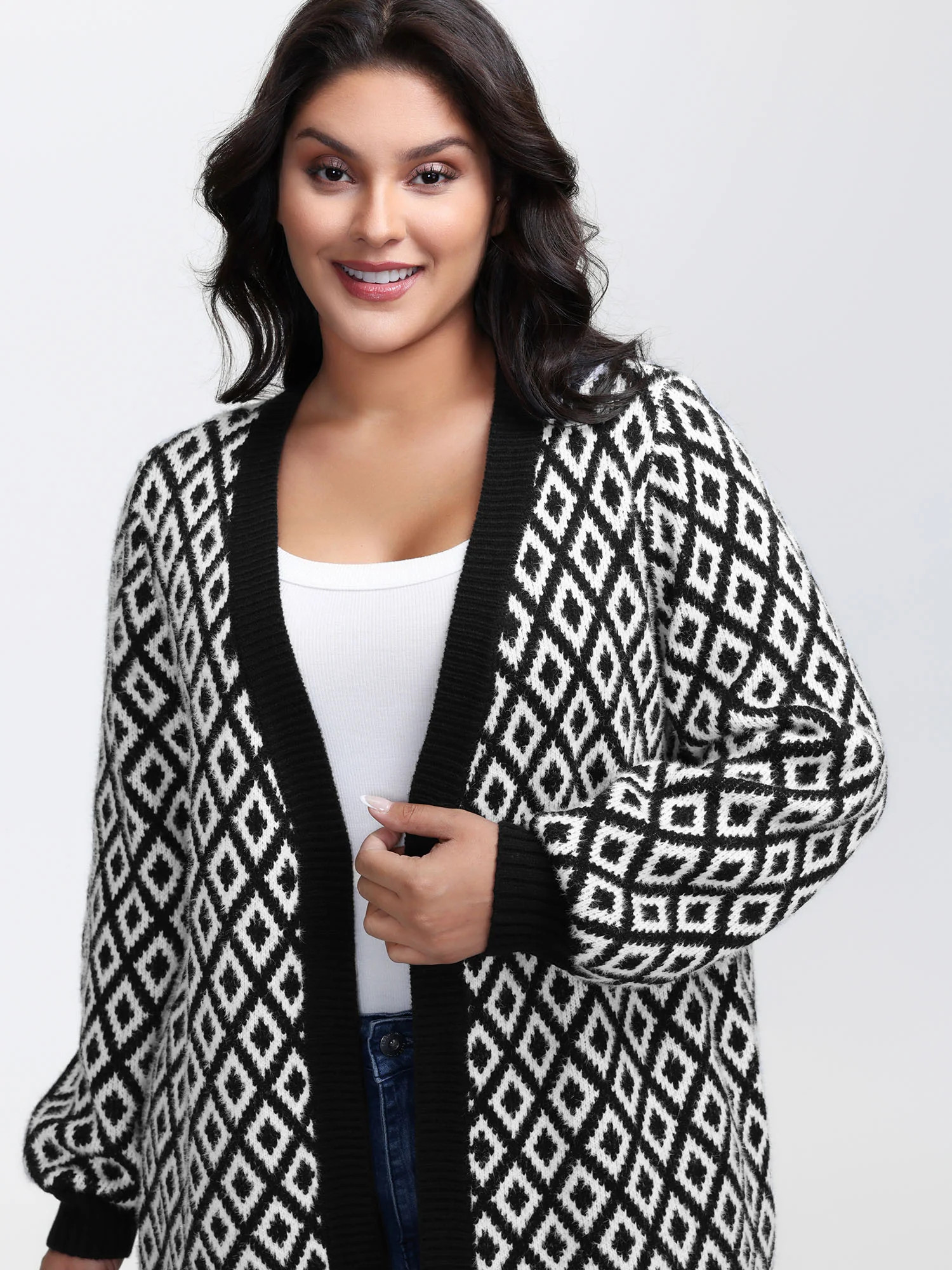 Mink Jacquard Diamond Pattern Knit Cardigan | Bloomchic