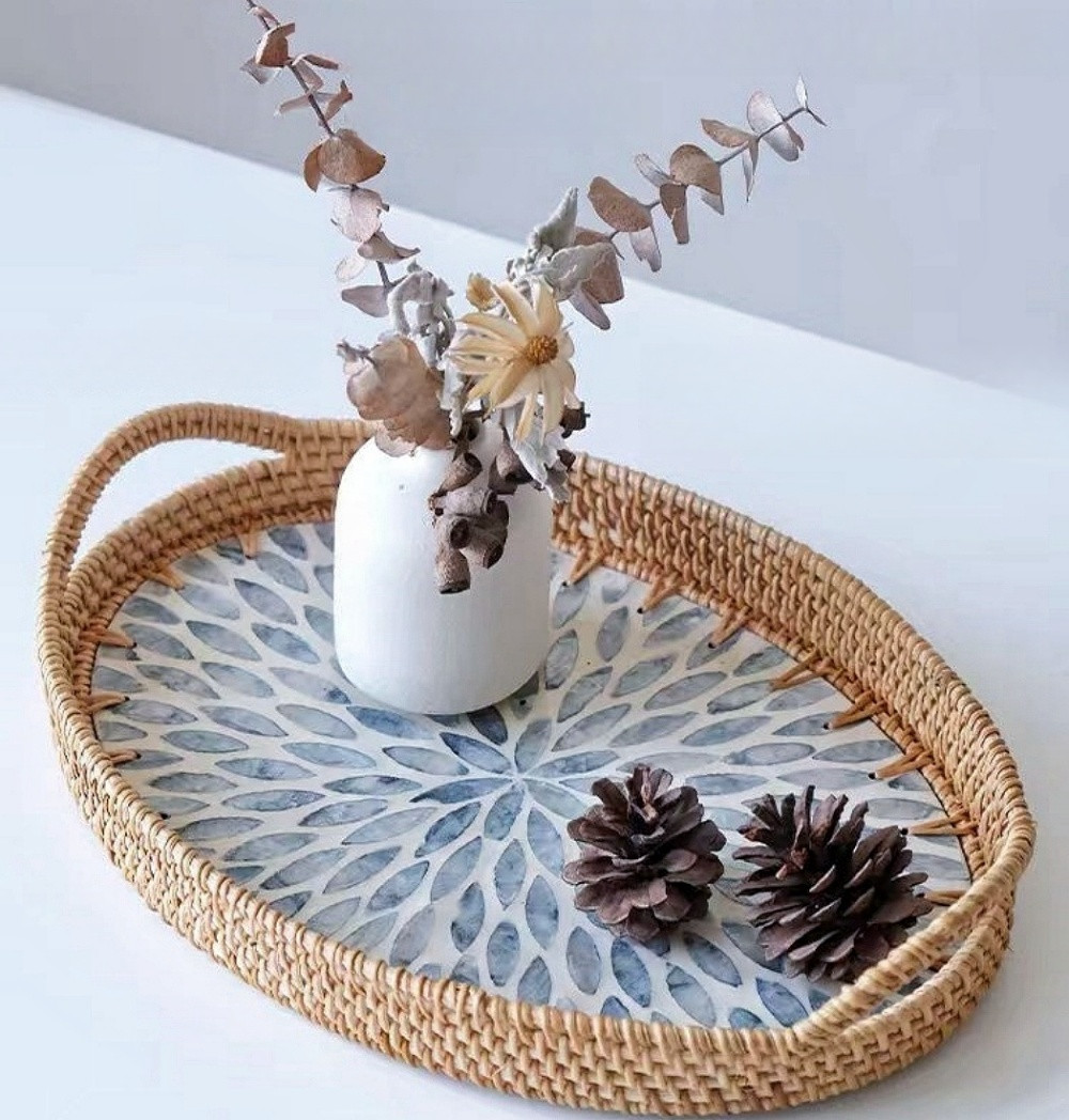 MEHOOM 12"x8" Serving Tray with Handle Craft Ornaments, Rattan Wicker  Shell Decorative Storage B... | Walmart (US)