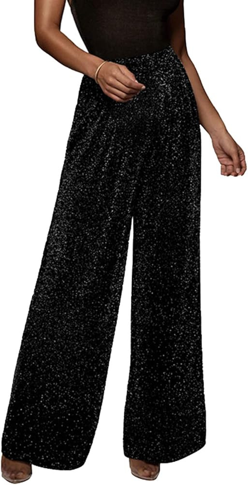 GUOLEZEEV Women High Elastic Waist Wide Leg Palazzo Pants Casual Loose Long Pant Trouser | Amazon (US)