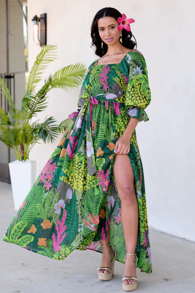 Leaves In The Wild Green Print Dress | Red Dress 