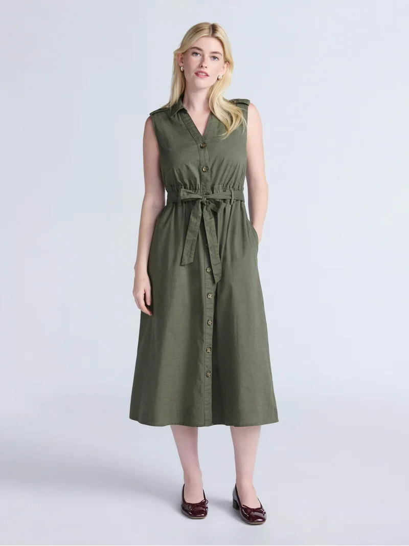 Time and Tru Women's Sleeveless Cotton Belted Midi Shirtdress, Sizes XS-XXXL | Walmart (US)