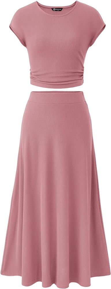 PRETTYGARDEN Women's 2 Piece Summer Outfits Dressy Casual Knit Short Sleeve Crop Top High Waist M... | Amazon (US)