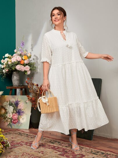 SHEIN Plus Polka Dot Print Ruffle Hem Eyelet Embroidery Dress | SHEIN