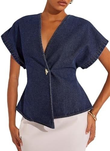EVALESS Womens Short Sleeve Button Down Denim Shirts Tops | Amazon (US)