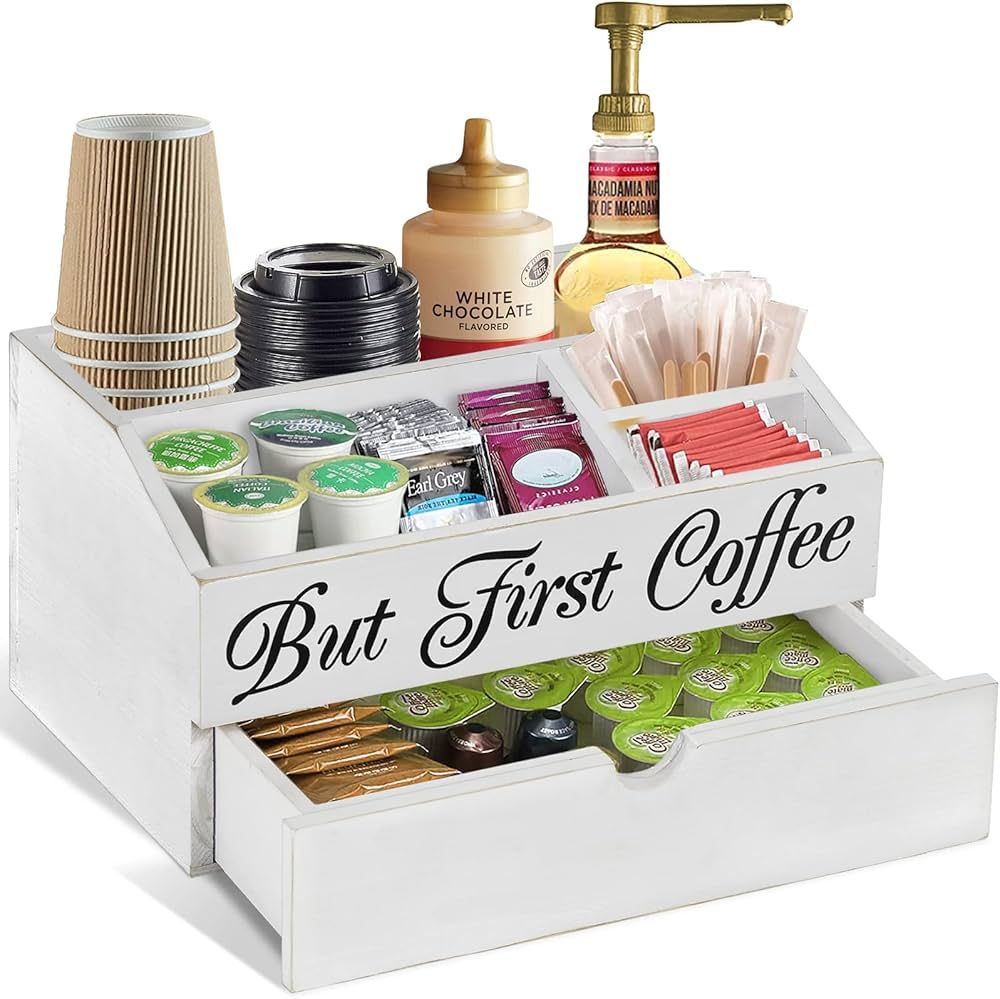 Coffee Station Organizer, Wood K Cup Coffee Pods Holder with Drawer, Countertop Coffee Bar Acces... | Amazon (US)