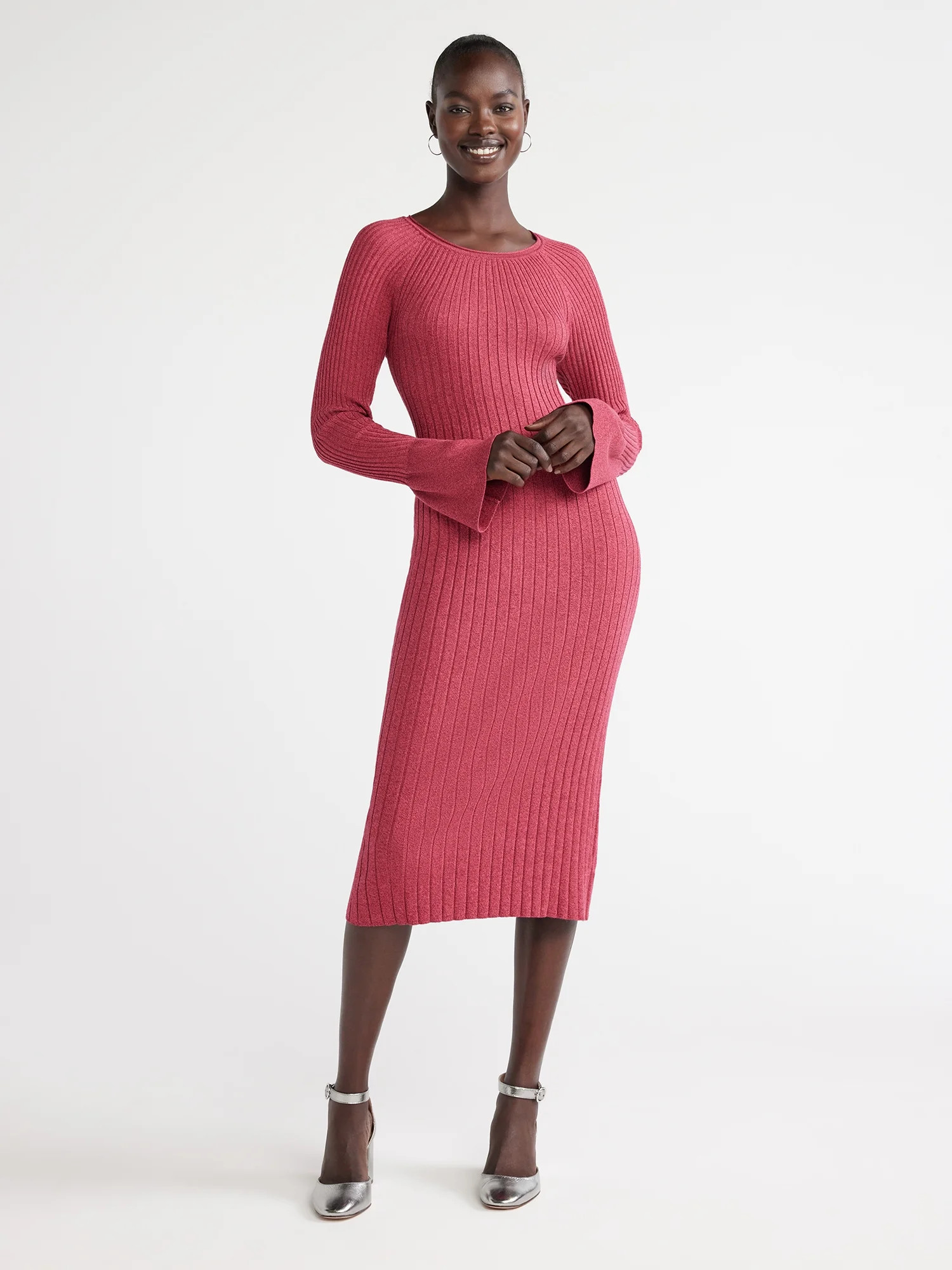Free Assembly Women's Radiating Ribbed Midi Dress with Long Sleeves, Sizes XS-XXXL | Walmart (US)
