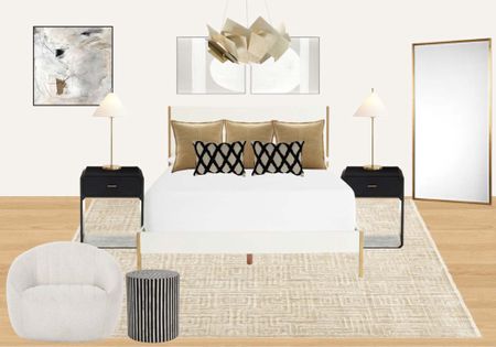 Pottery barn bedroom ideas // gold floor mirror, modern white bed, black nightstand, gold chandelier, swivel chair, modern art, inlay side table, gold table lamp, throw pillows

#LTKhome #LTKover40 #LTKstyletip