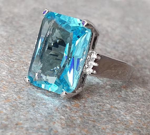 Cushion Cut Ring. Rectangle Blue Swarovski Crystal Ring. Large | Etsy | Etsy (US)