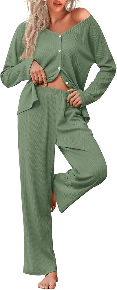 Ekouaer Womens Waffle Knit Pajamas Loungewear Two-piece Sleepwear Button-Down Pj Set with Pockets | Amazon (US)