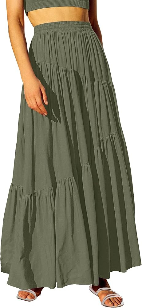 ANRABESS Women’s Boho Elastic High Waist Pleated A-Line Flowy Swing Asymmetric Tiered Maxi Long... | Amazon (US)