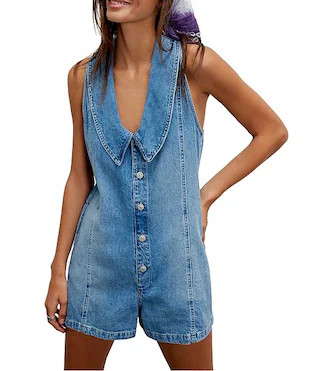 We The Free Dover Playsuit Collared V-Neck Sleeveless Denim Romper | Dillard's