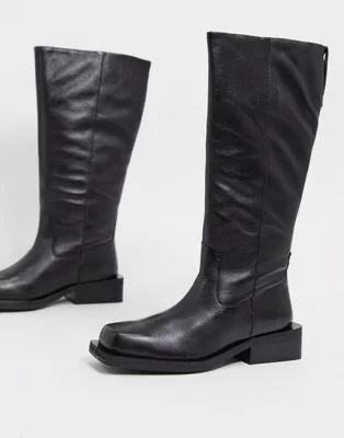 ASOS DESIGN Charly premium leather trucker knee boots in black | ASOS (Global)