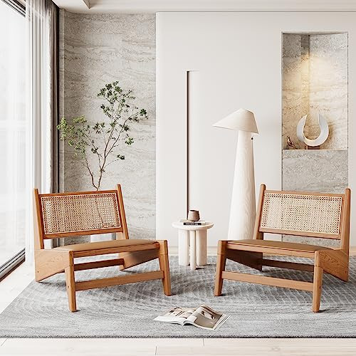 HAOBO Home Rattan Chair Mid Century Modern Accent Chair Armless Reading Side Chair Living Room Chair Boho Chair with Wooden Frame for Home Bedroom Set of 2 | Amazon (US)