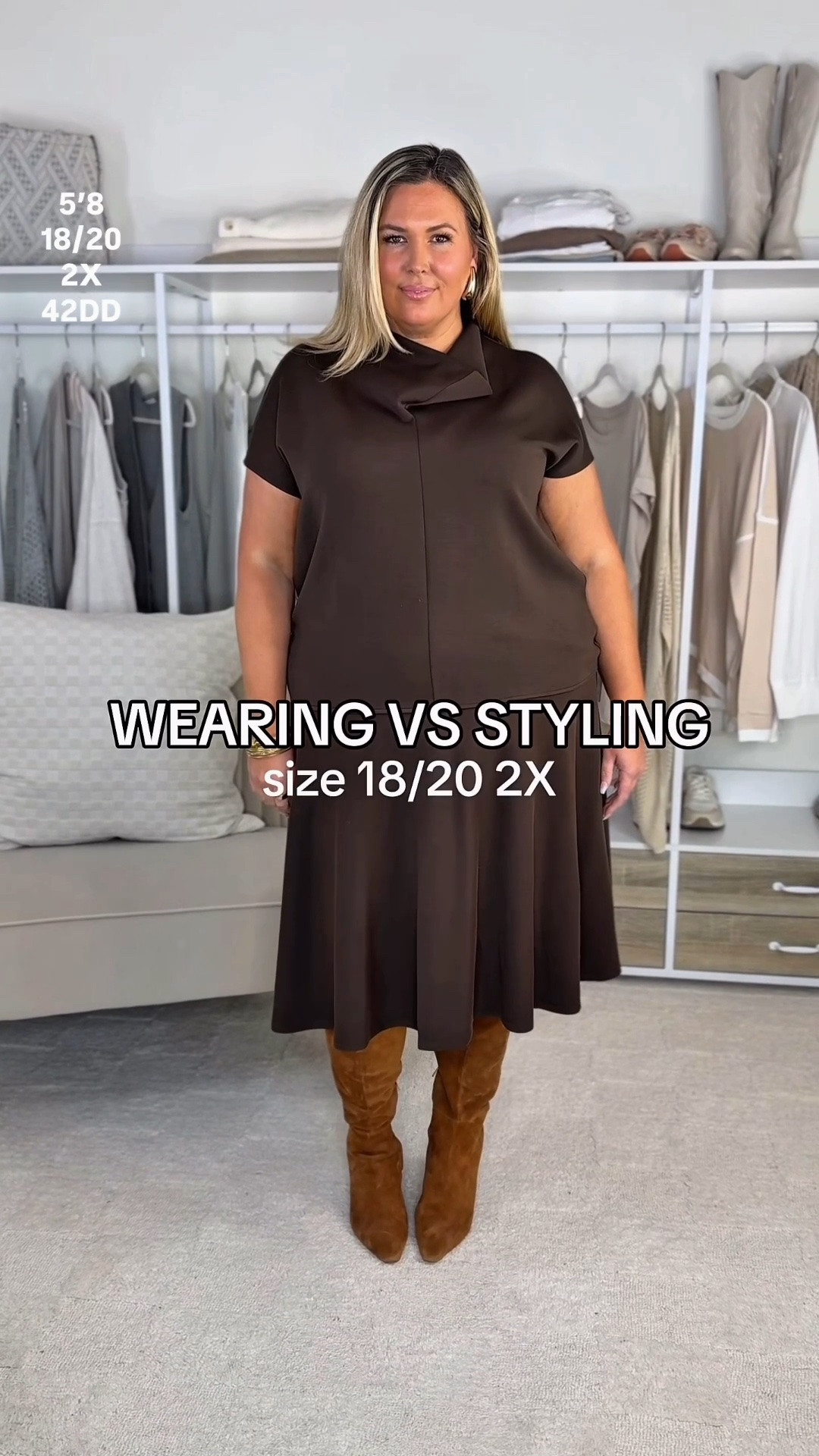 Wearing a 2X in the set! With my wide calf boots. Plus size, outfit inspo, fall fashion, apron belly, mom life