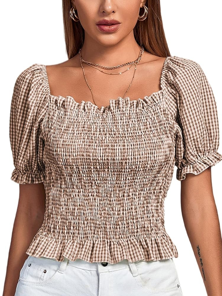 LYANER Women's Ruffle Peplum Smock Gingham Crop Top Square Neck Puff Short Sleeve Blouse Shirt | Amazon (US)