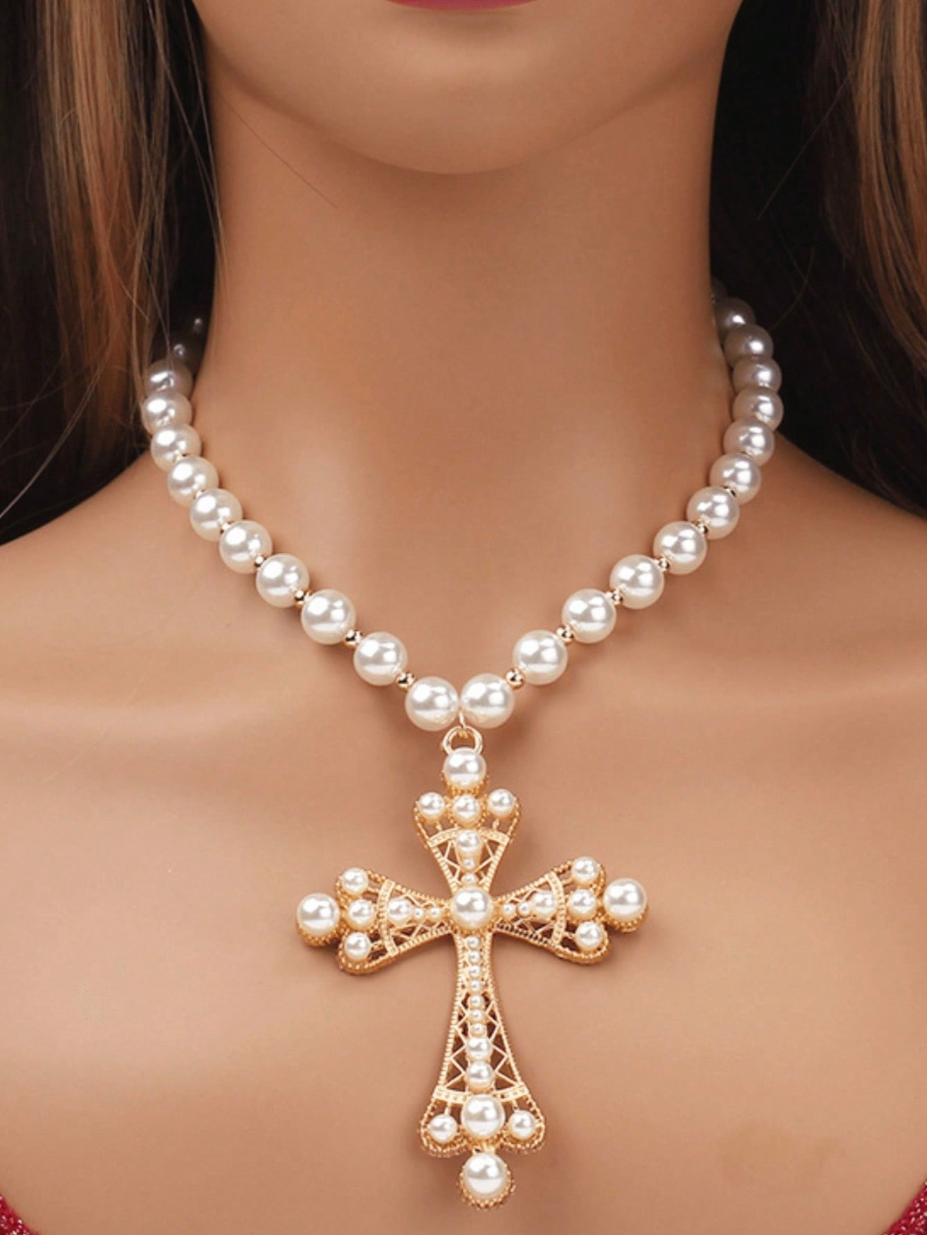1pc Exquisite Personality Exaggerated Punk Necklace, Unique And Atmospheric Large Cross & Pearl P... | SHEIN