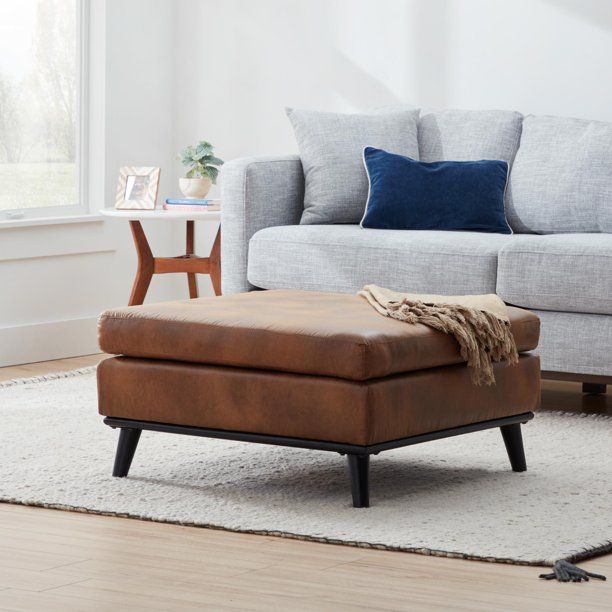 Gap Home Mid-Century Upholstered Square Ottoman, Brown Faux Leather - Walmart.com | Walmart (US)