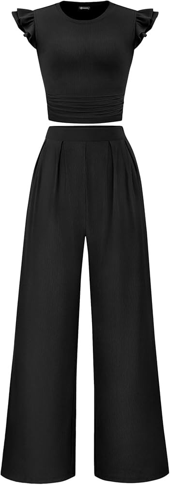 KIRUNDO Two Piece Sets For Women Summer Ruffle Cap Sleeve Crop Tops Wide Leg Palazzo Pants Casual... | Amazon (US)